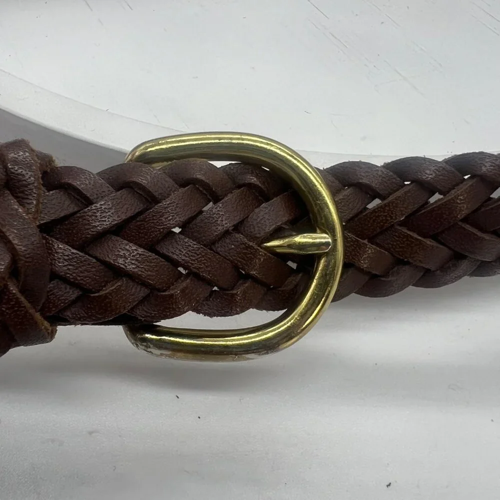 Vtg Braided Brown Leather Belt Gold Buckle Adjustable Women Sz M/L 37
